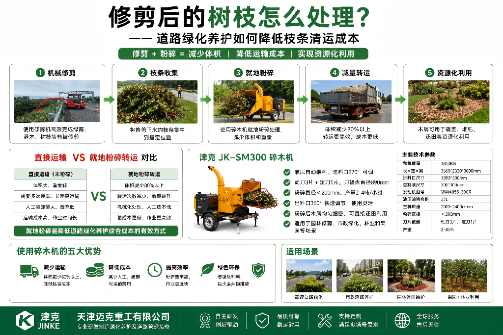 津克解决高速公路绿化机械化修剪及修剪物清理、收集、粉碎、转运与处理流程示意图