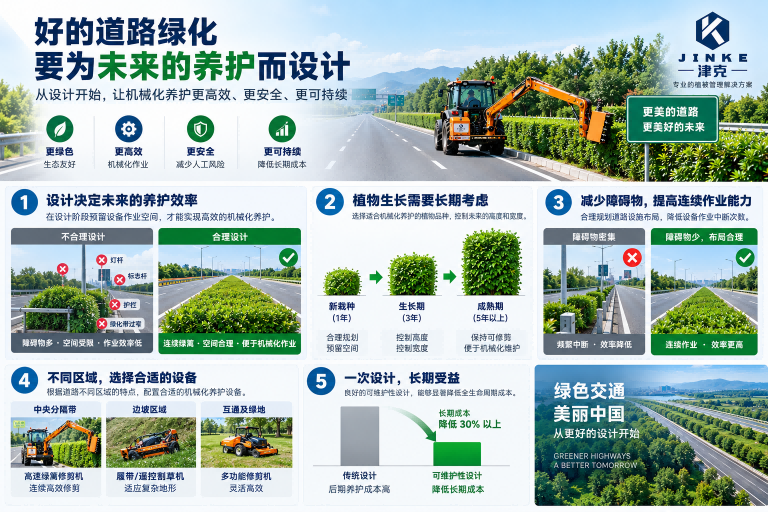 津克 JINKE 道路绿化机械化养护信息图：讲解设计阶段预留设备作业空间、选择合适植物品种、减少障碍物、按区域配置绿篱修剪机