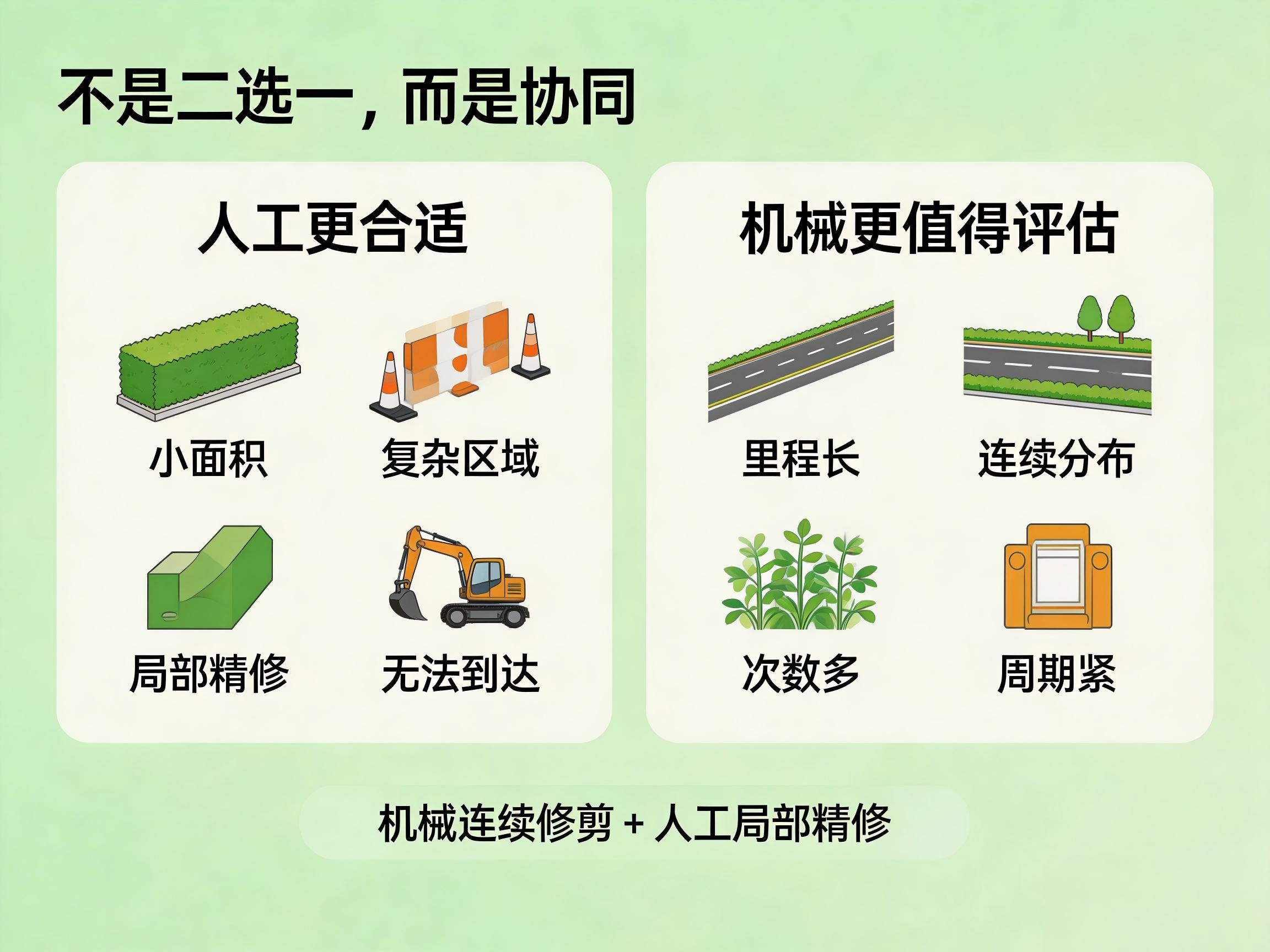 绿植养护人工与机械协同修剪，小面积到连续分布更合理